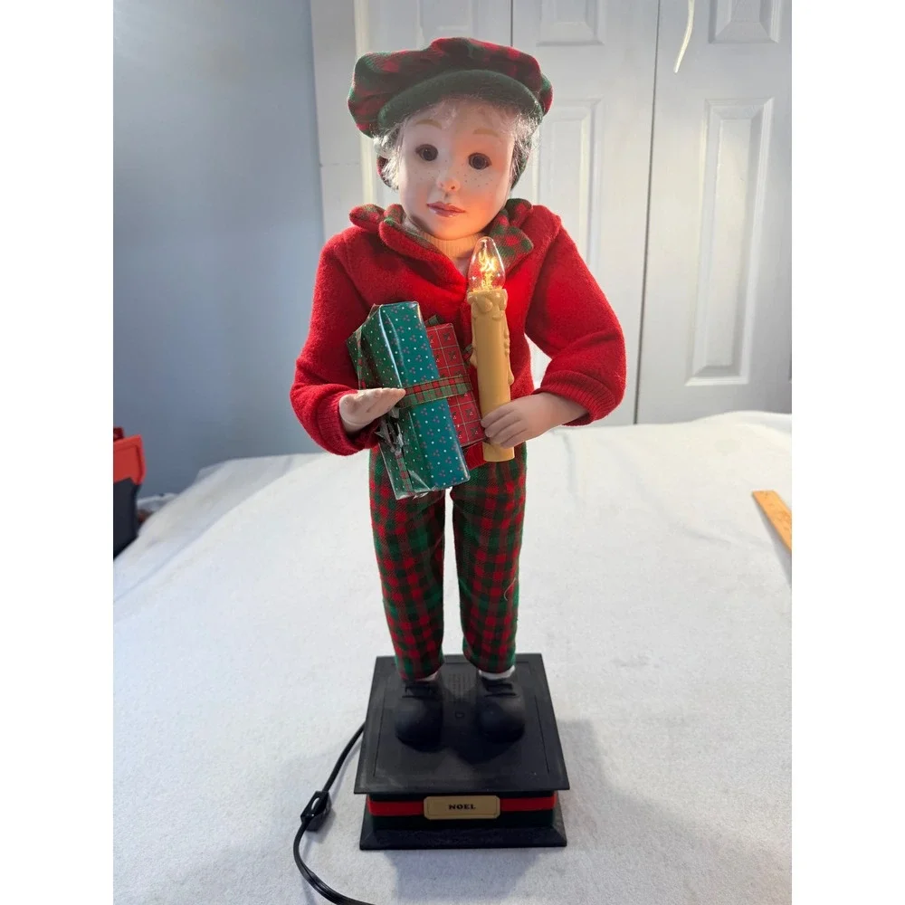 Vintage Noel Animated Christmas Boy Figure Lighted Candle Presents Plaid Outfit